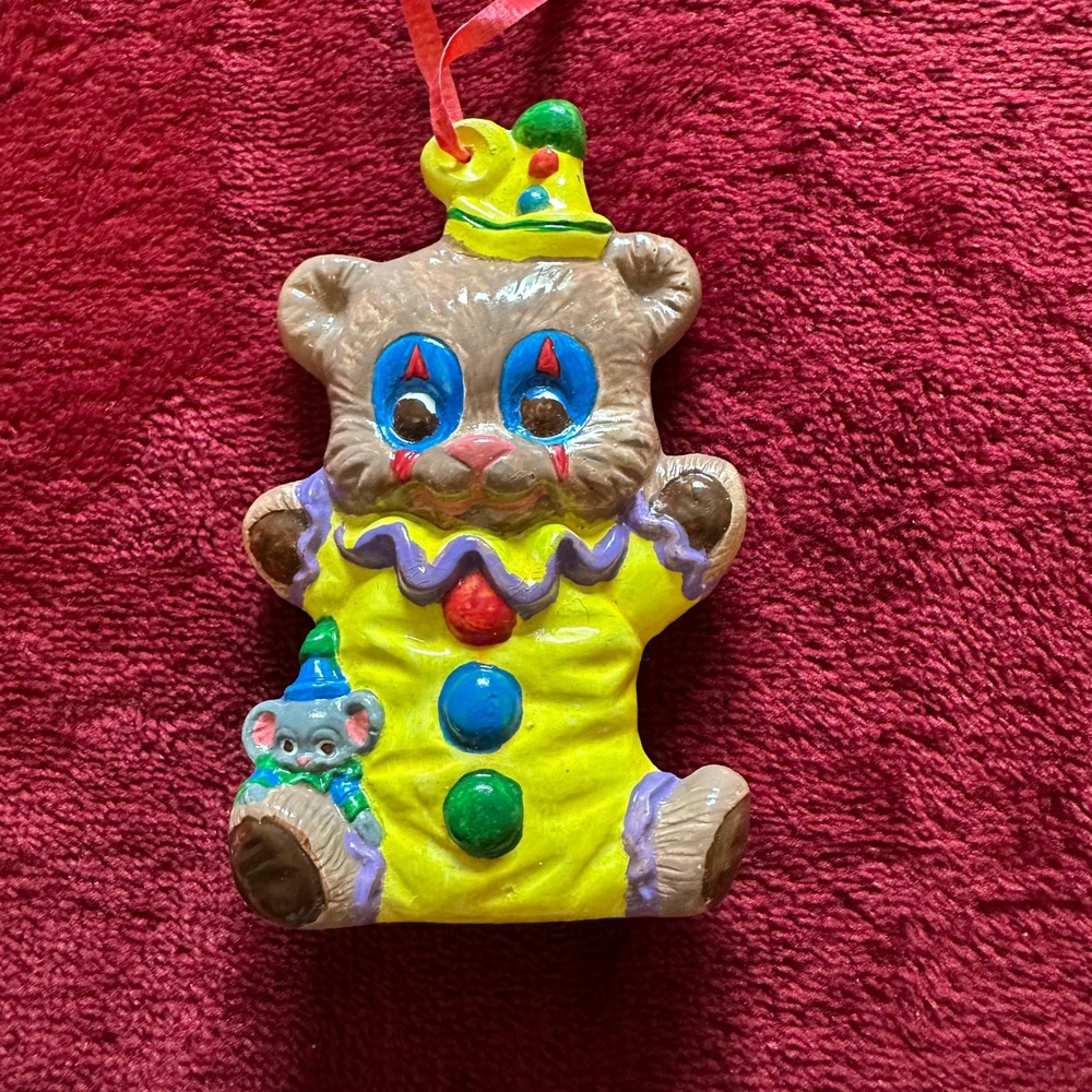 Vintage Ceramic Clown Bear Christmas Ornament Hand Painted Circus Bear